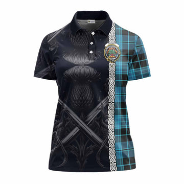 Clergy Tartan Women's Polo Shirt with Family Crest Cross Sword Thistle Celtic Vibes
