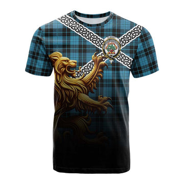 Clergy Crest Tartan Cotton T-shirt with Golden Lion Emblem Celtic Style