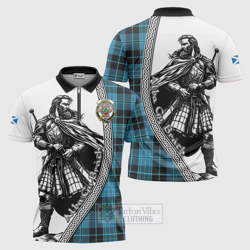 Clergy Tartan Clan Crest Zipper Polo Shirt with Highlander Warrior Celtic Style Unisex - Tartan Vibes Clothing