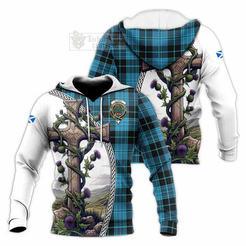 Tartan Vibes Clothing Clergy Tartan Knitted Hoodie with Family Crest and St. Andrew's Cross Accented by Thistle Vines