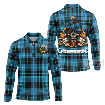 Clergy Tartan Long Sleeve Polo Shirt with Family Crest and Bearded Skull Holding Bottles of Whiskey Unisex - Tartan Vibes Clothing