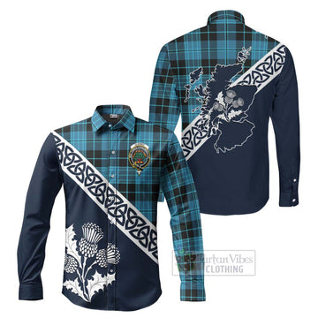 Clergy Tartan Long Sleeve Button Shirt Featuring Thistle and Scotland Map Men's Shirt S - Tartan Vibes Clothing