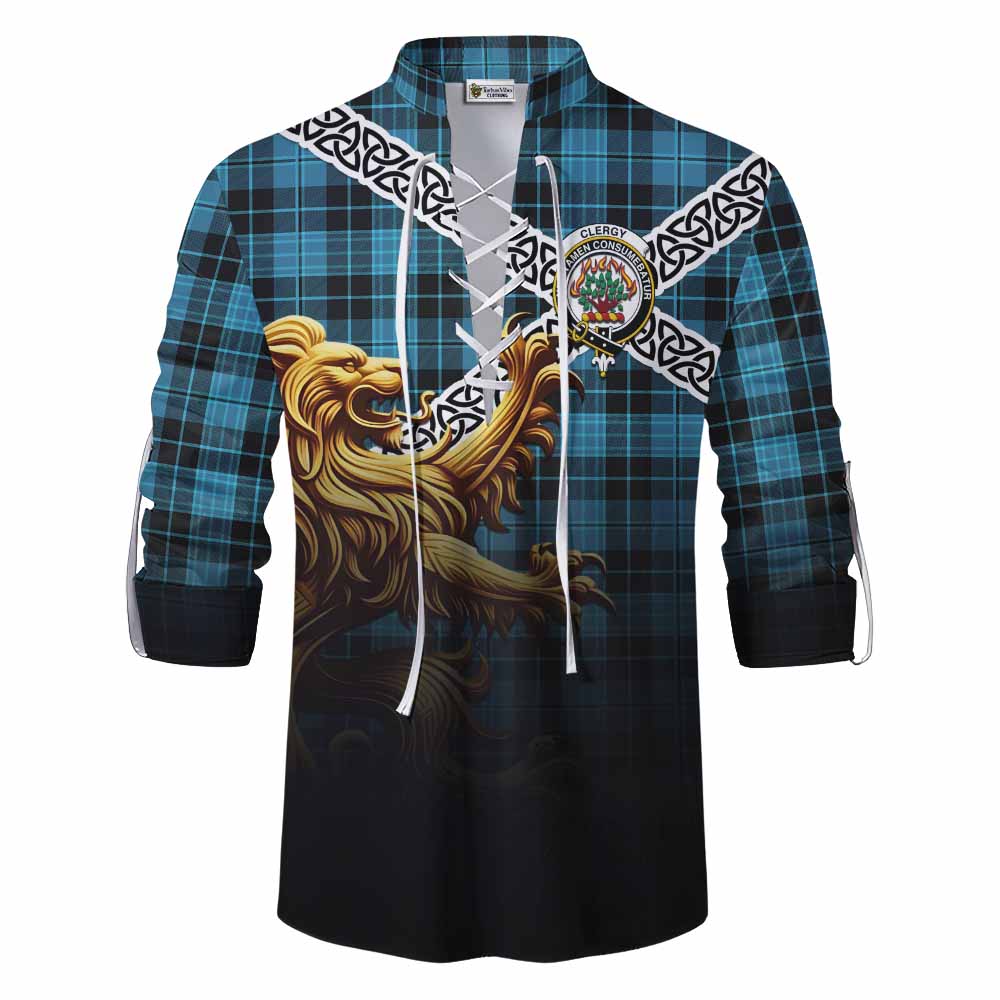 Tartan Vibes Clothing Clergy Crest Tartan Ghillie Kilt Shirt with Golden Lion Emblem Celtic Style