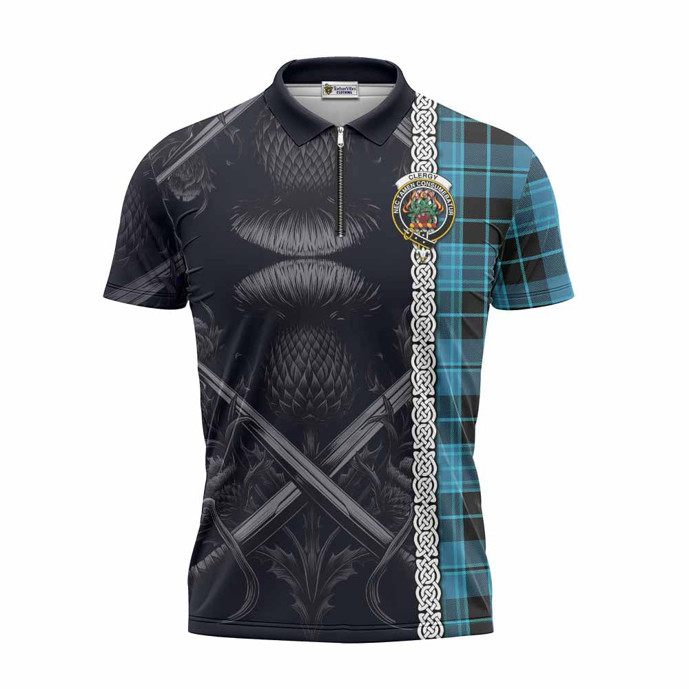 Tartan Vibes Clothing Clergy Tartan Zipper Polo Shirt with Family Crest Cross Sword Thistle Celtic Vibes