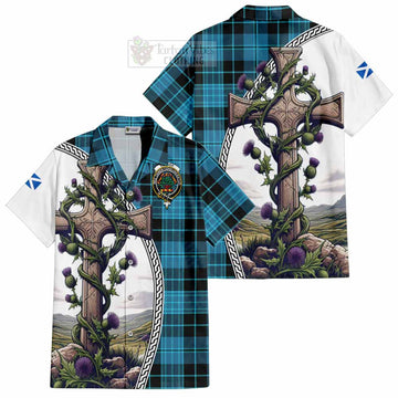 Clergy Tartan Hawaiian Shirt with Family Crest and St. Andrew's Cross Accented by Thistle Vines Kid - Tartan Vibes Clothing