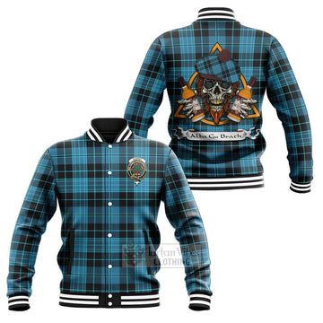 Clergy Tartan Baseball Jacket with Family Crest and Bearded Skull Holding Bottles of Whiskey Unisex - Tartan Vibes Clothing