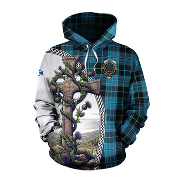 Tartan Vibes Clothing Clergy Tartan Cotton Hoodie with Family Crest and St. Andrew's Cross Accented by Thistle Vines
