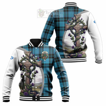 Tartan Vibes Clothing Clergy Tartan Baseball Jacket with Family Crest and St. Andrew's Cross Accented by Thistle Vines
