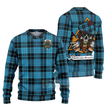 Clergy Tartan Ugly Sweater with Family Crest and Bearded Skull Holding Bottles of Whiskey Unisex - Tartan Vibes Clothing