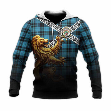 Clergy Crest Tartan Knitted Hoodie with Golden Lion Emblem Celtic Style Unisex Knitted Pullover Hoodie - Tartan Vibes Clothing