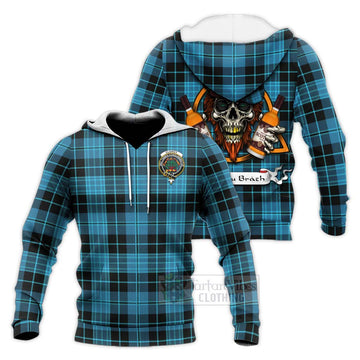 Clergy Tartan Knitted Hoodie with Family Crest and Bearded Skull Holding Bottles of Whiskey Unisex Knitted Pullover Hoodie - Tartan Vibes Clothing