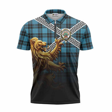 Clergy Crest Tartan Zipper Polo Shirt with Golden Lion Emblem Celtic Style Unisex - Tartan Vibes Clothing