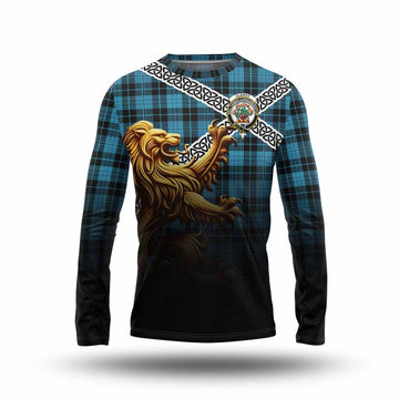 Clergy Crest Tartan Long Sleeve T-Shirt with Golden Lion Emblem Celtic Style Unisex - Tartan Vibes Clothing