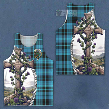 Clergy Tartan Men's Tank Top with Family Crest and St. Andrew's Cross Accented by Thistle Vines Men - Tartan Vibes Clothing