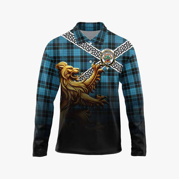Clergy Crest Tartan Long Sleeve Polo Shirt with Golden Lion Emblem Celtic Style Unisex - Tartan Vibes Clothing