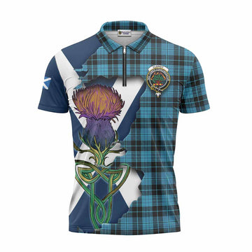 Clergy Tartan Family Crest Zipper Polo Shirt Scottish Thistle Celtic Inspired Unisex - Tartan Vibes Clothing