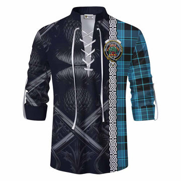 Clergy Tartan Ghillie Kilt Shirt with Family Crest Cross Sword Thistle Celtic Vibes Men - Tartan Vibes Clothing