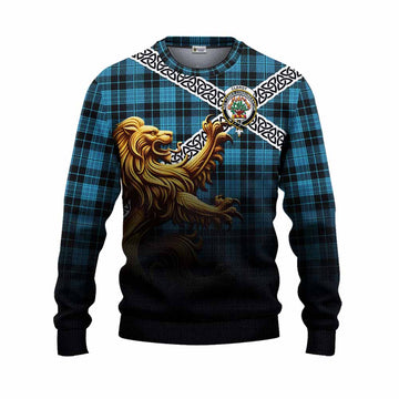 Clergy Crest Tartan Knitted Sweater with Golden Lion Emblem Celtic Style Unisex - Tartan Vibes Clothing