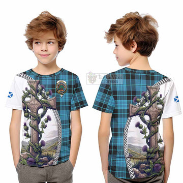 Tartan Vibes Clothing Clergy Tartan Kid T-Shirt with Family Crest and St. Andrew's Cross Accented by Thistle Vines