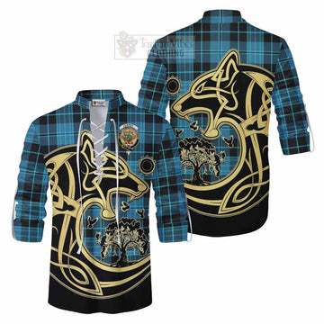 Clergy Tartan Ghillie Kilt Shirt with Family Crest Celtic Wolf Style Men - Tartan Vibes Clothing