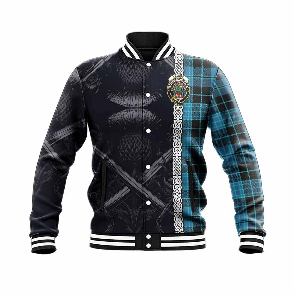 Clergy Tartan Baseball Jacket with Family Crest Cross Sword Thistle Celtic Vibes Unisex - Tartan Vibes Clothing