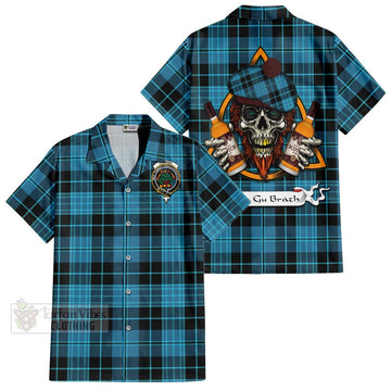 Clergy Tartan Hawaiian Shirt with Family Crest and Bearded Skull Holding Bottles of Whiskey Kid - Tartan Vibes Clothing