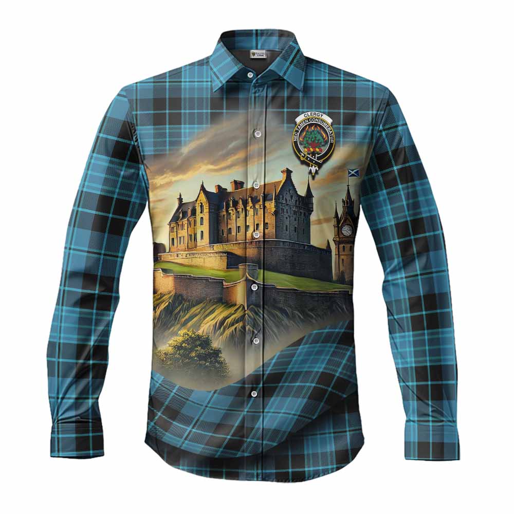 Tartan Vibes Clothing Clergy Tartan Family Crest Long Sleeve Button Shirt with Scottish Ancient Castle Style