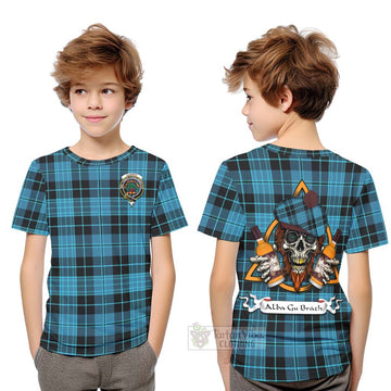 Clergy Tartan Kid T-Shirt with Family Crest and Bearded Skull Holding Bottles of Whiskey Youth XL Size14 - Tartan Vibes Clothing