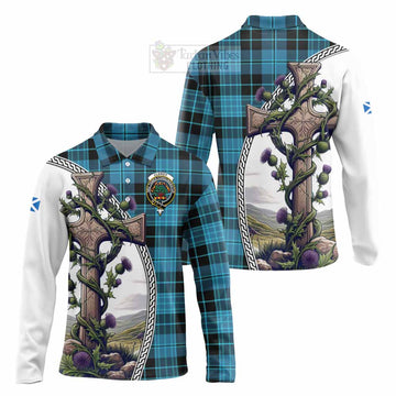 Tartan Vibes Clothing Clergy Tartan Long Sleeve Polo Shirt with Family Crest and St. Andrew's Cross Accented by Thistle Vines