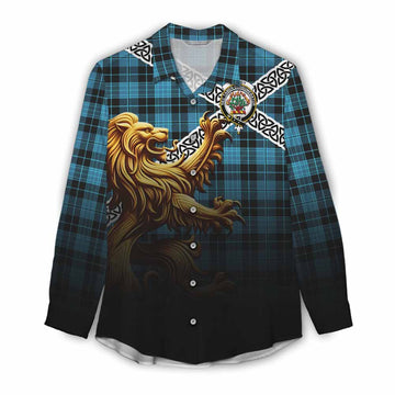 Clergy Crest Tartan Women's Casual Shirt with Golden Lion Emblem Celtic Style Female - Tartan Vibes Clothing