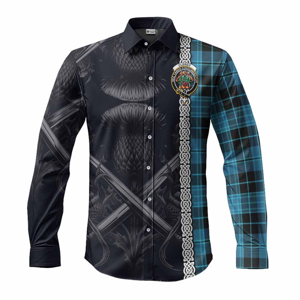 Tartan Vibes Clothing Clergy Tartan Long Sleeve Button Shirt with Family Crest Cross Sword Thistle Celtic Vibes