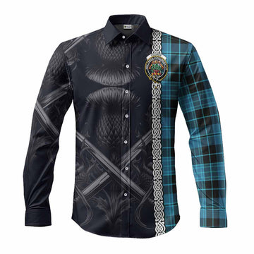 Tartan Vibes Clothing Clergy Tartan Long Sleeve Button Shirt with Family Crest Cross Sword Thistle Celtic Vibes