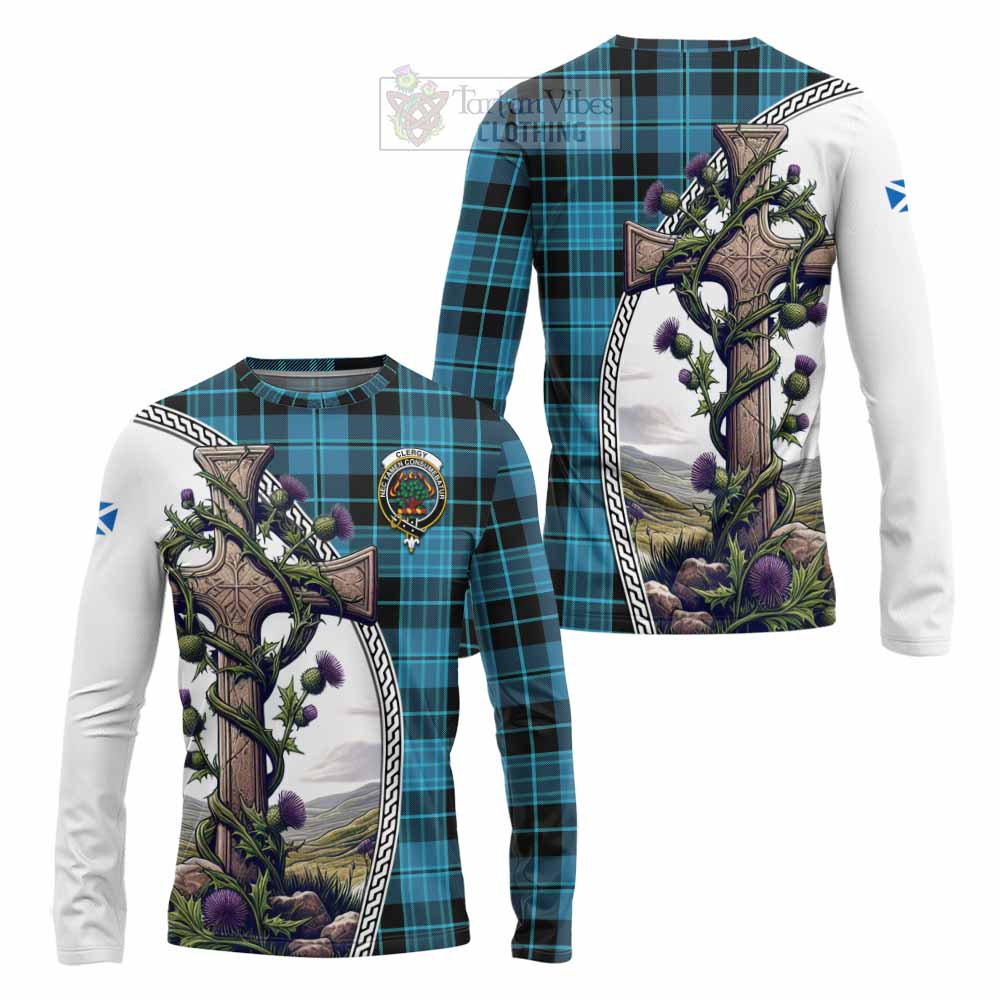Tartan Vibes Clothing Clergy Tartan Long Sleeve T-Shirt with Family Crest and St. Andrew's Cross Accented by Thistle Vines