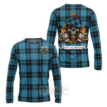 Clergy Tartan Long Sleeve T-Shirt with Family Crest and Bearded Skull Holding Bottles of Whiskey Unisex - Tartan Vibes Clothing