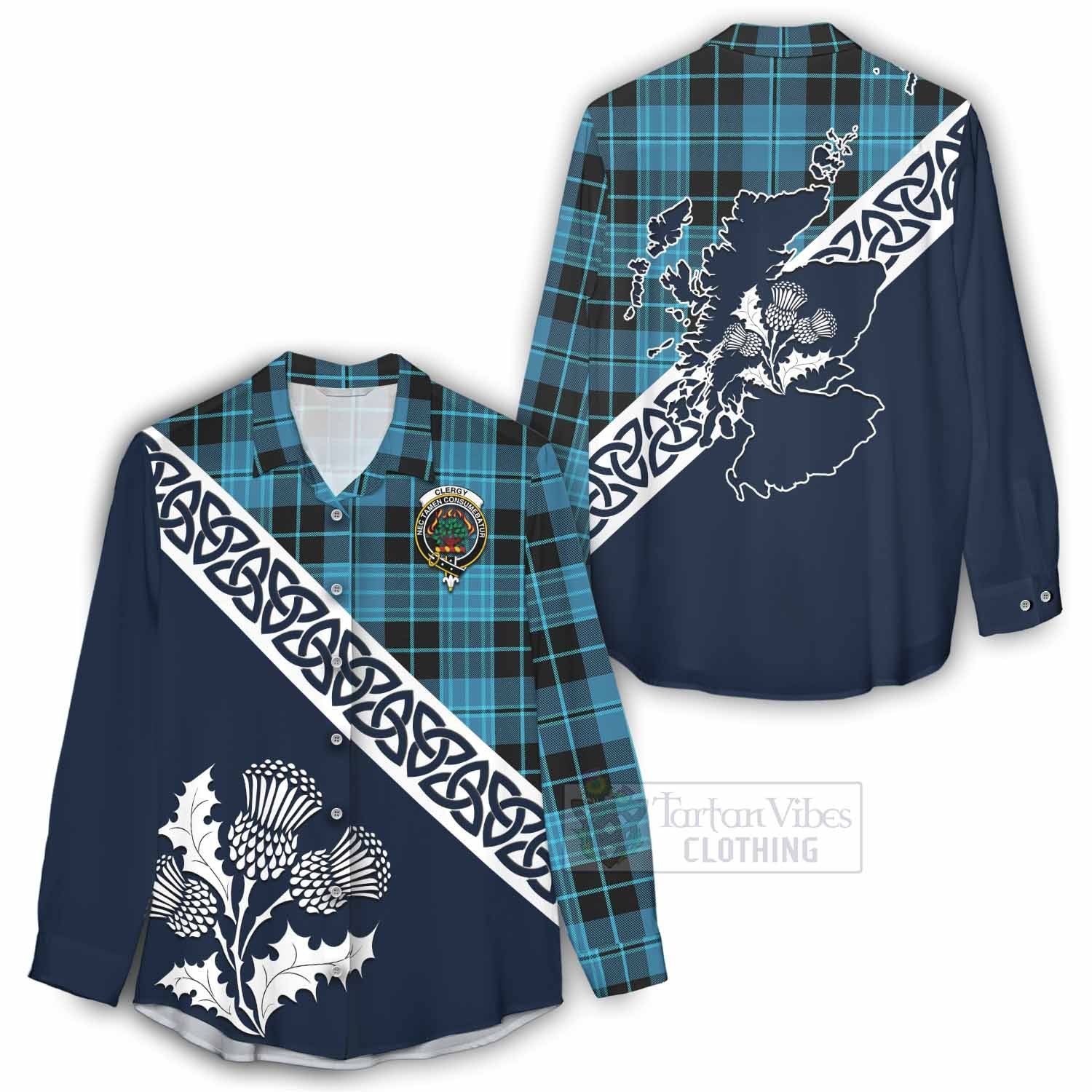 Clergy Tartan Women's Casual Shirt Featuring Thistle and Scotland Map - Tartan Vibes Clothing