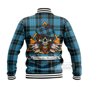 Clergy Tartan Baseball Jacket with Family Crest and Bearded Skull Holding Bottles of Whiskey - Tartan Vibes Clothing