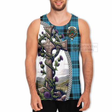 Clergy Tartan Men's Tank Top with Family Crest and St. Andrew's Cross Accented by Thistle Vines - Tartan Vibes Clothing