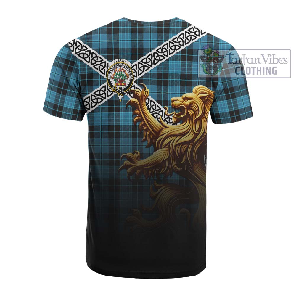 Clergy Crest Tartan Cotton T-shirt with Golden Lion Emblem Celtic Style - Tartan Vibes Clothing
