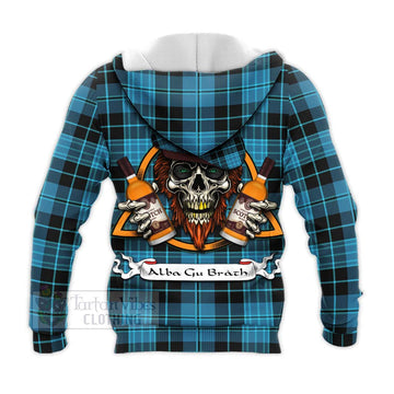 Clergy Tartan Knitted Hoodie with Family Crest and Bearded Skull Holding Bottles of Whiskey - Tartan Vibes Clothing