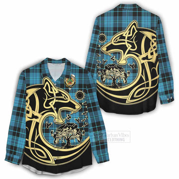 Clergy Tartan Women's Casual Shirt with Family Crest Celtic Wolf Style - Tartan Vibes Clothing