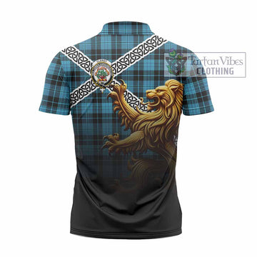 Clergy Crest Tartan Zipper Polo Shirt with Golden Lion Emblem Celtic Style - Tartan Vibes Clothing