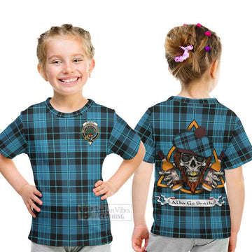 Clergy Tartan Kid T-Shirt with Family Crest and Bearded Skull Holding Bottles of Whiskey - Tartan Vibes Clothing