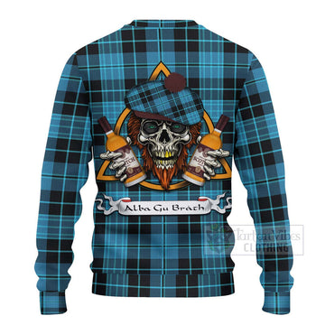 Clergy Tartan Ugly Sweater with Family Crest and Bearded Skull Holding Bottles of Whiskey - Tartan Vibes Clothing