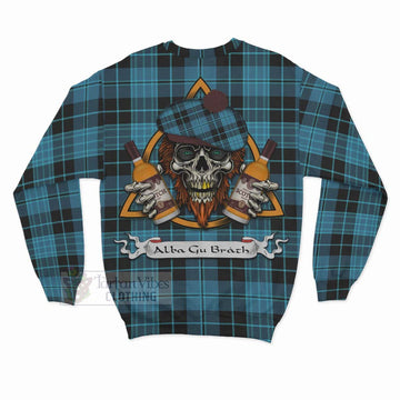 Clergy Tartan Sweatshirt with Family Crest and Bearded Skull Holding Bottles of Whiskey - Tartan Vibes Clothing