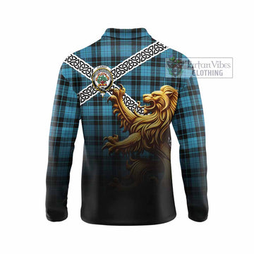 Clergy Crest Tartan Long Sleeve Polo Shirt with Golden Lion Emblem Celtic Style - Tartan Vibes Clothing
