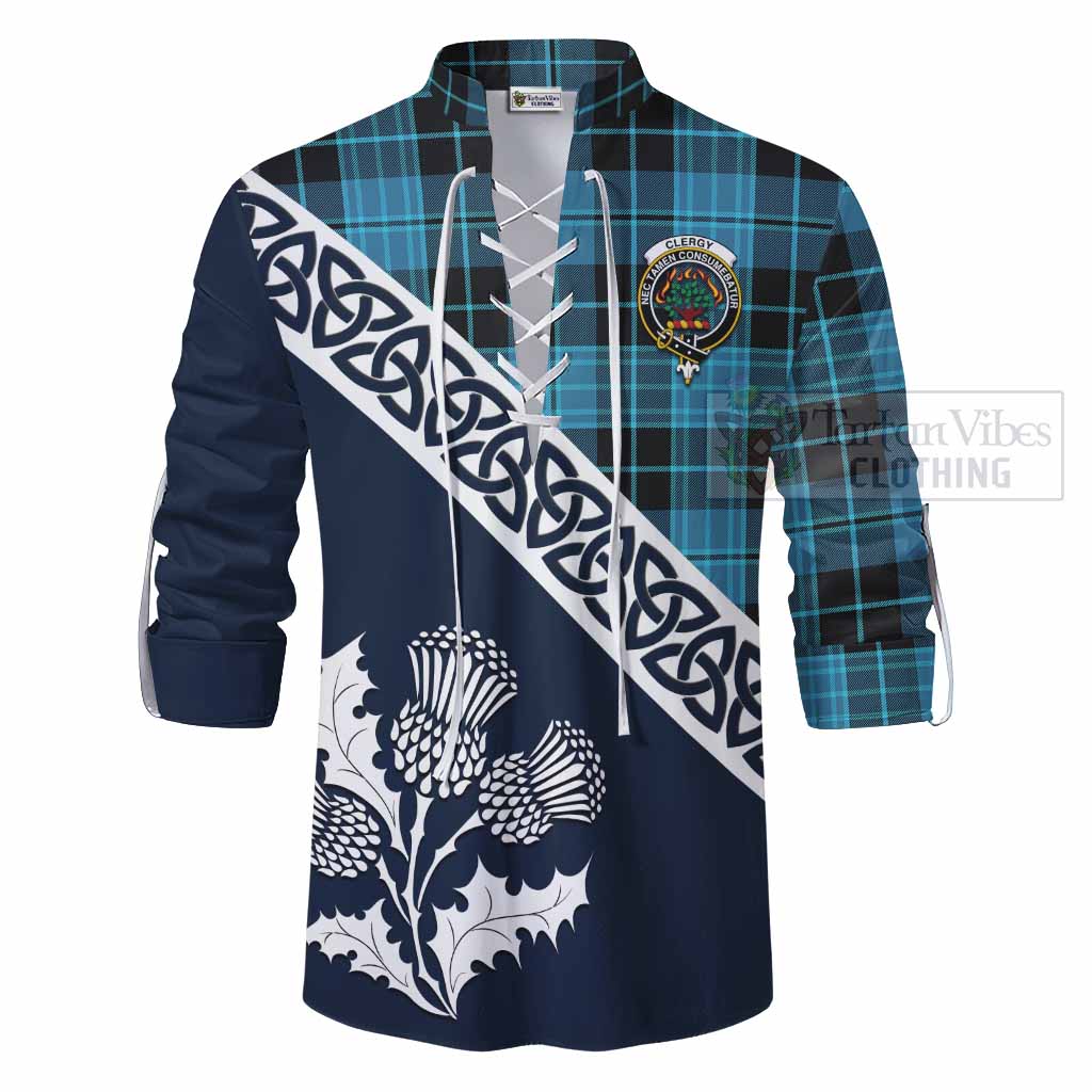 Clergy Tartan Ghillie Kilt Shirt Featuring Thistle and Scotland Map - Tartan Vibes Clothing