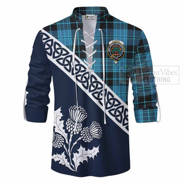 Clergy Tartan Ghillie Kilt Shirt Featuring Thistle and Scotland Map - Tartan Vibes Clothing