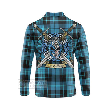 Clergy Tartan Long Sleeve Polo Shirt with Family Crest Celtic Skull Style - Tartan Vibes Clothing