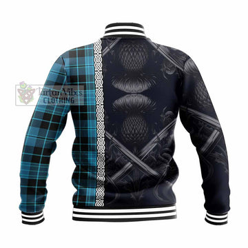 Clergy Tartan Baseball Jacket with Family Crest Cross Sword Thistle Celtic Vibes - Tartan Vibes Clothing