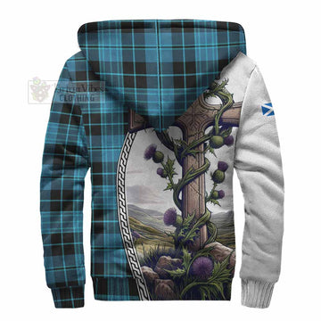 Clergy Tartan Sherpa Hoodie with Family Crest and St. Andrew's Cross Accented by Thistle Vines - Tartan Vibes Clothing